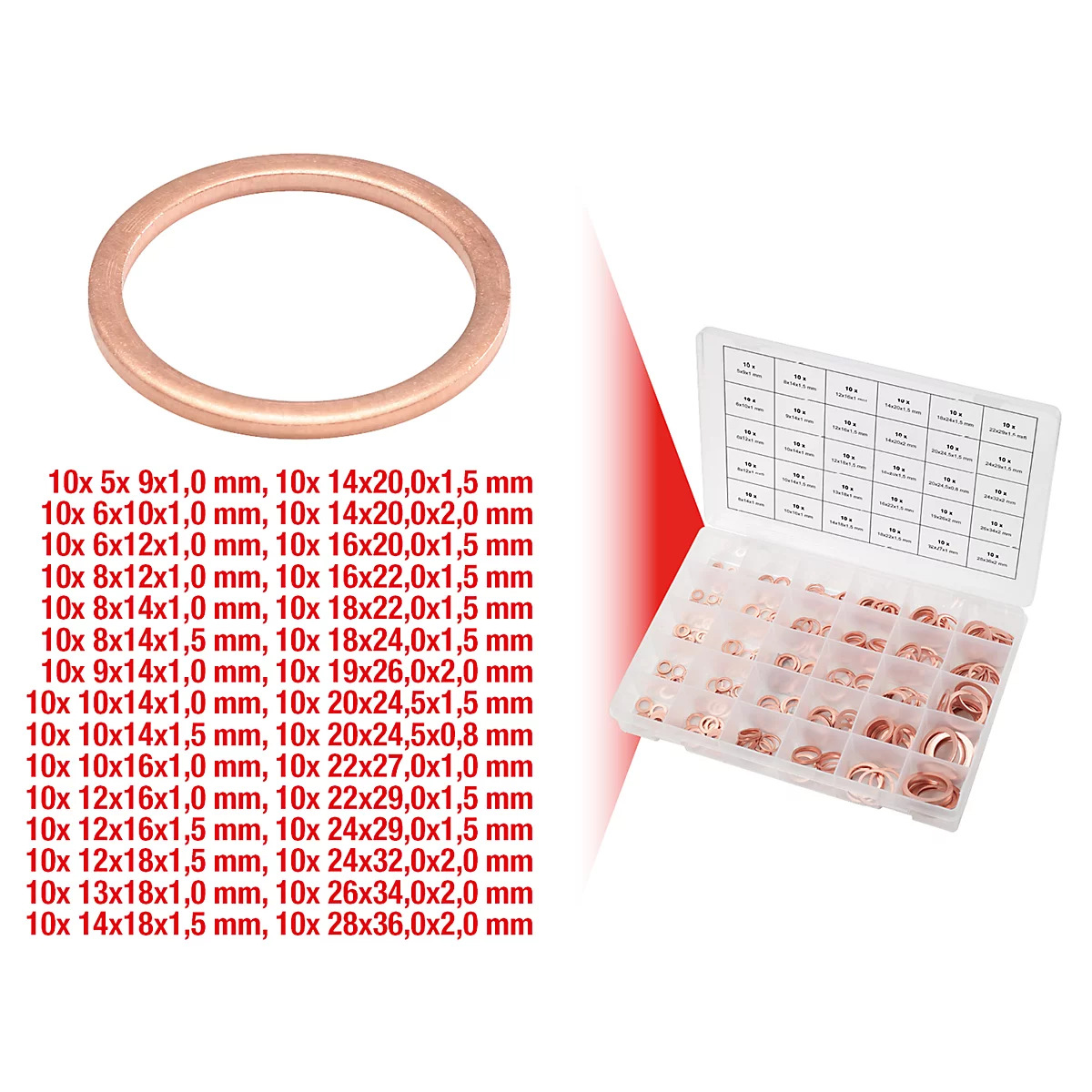 Verschiedene Kupfer-Dichtungsringe liegen neben einer Box. Text: Größenangaben. 